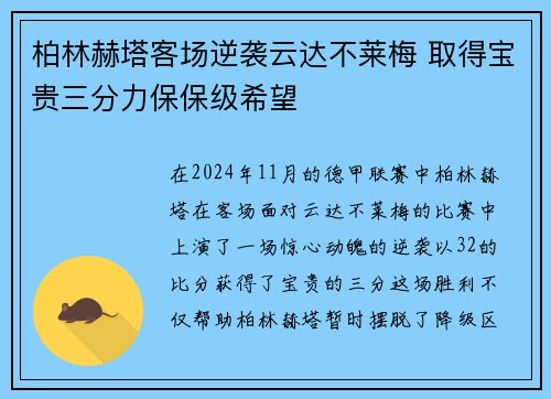 柏林赫塔客场逆袭云达不莱梅 取得宝贵三分力保保级希望