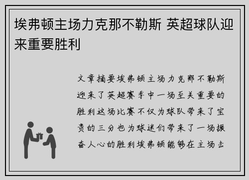 埃弗顿主场力克那不勒斯 英超球队迎来重要胜利