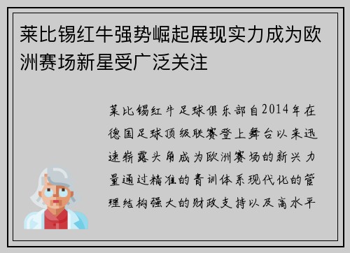 莱比锡红牛强势崛起展现实力成为欧洲赛场新星受广泛关注