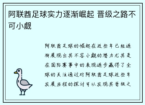 阿联酋足球实力逐渐崛起 晋级之路不可小觑