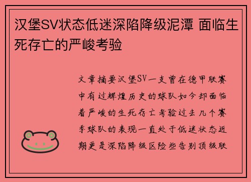 汉堡SV状态低迷深陷降级泥潭 面临生死存亡的严峻考验