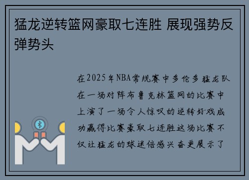猛龙逆转篮网豪取七连胜 展现强势反弹势头