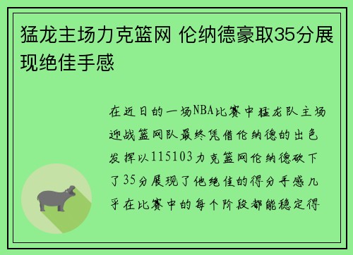 猛龙主场力克篮网 伦纳德豪取35分展现绝佳手感