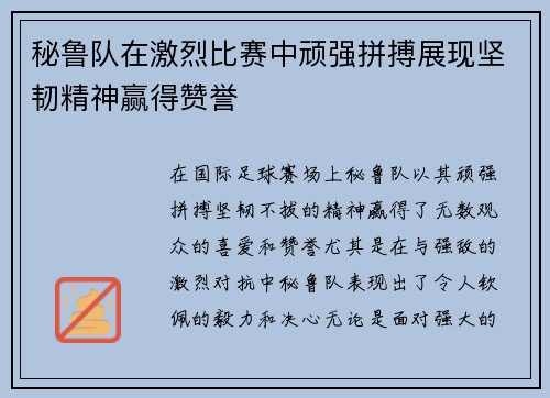 秘鲁队在激烈比赛中顽强拼搏展现坚韧精神赢得赞誉