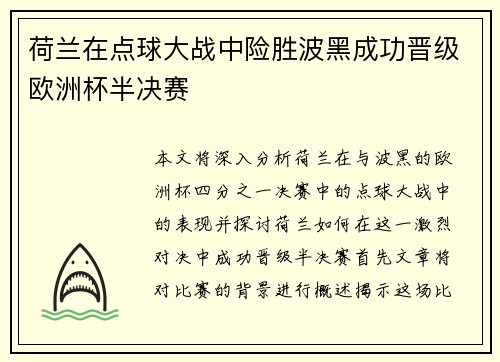 荷兰在点球大战中险胜波黑成功晋级欧洲杯半决赛